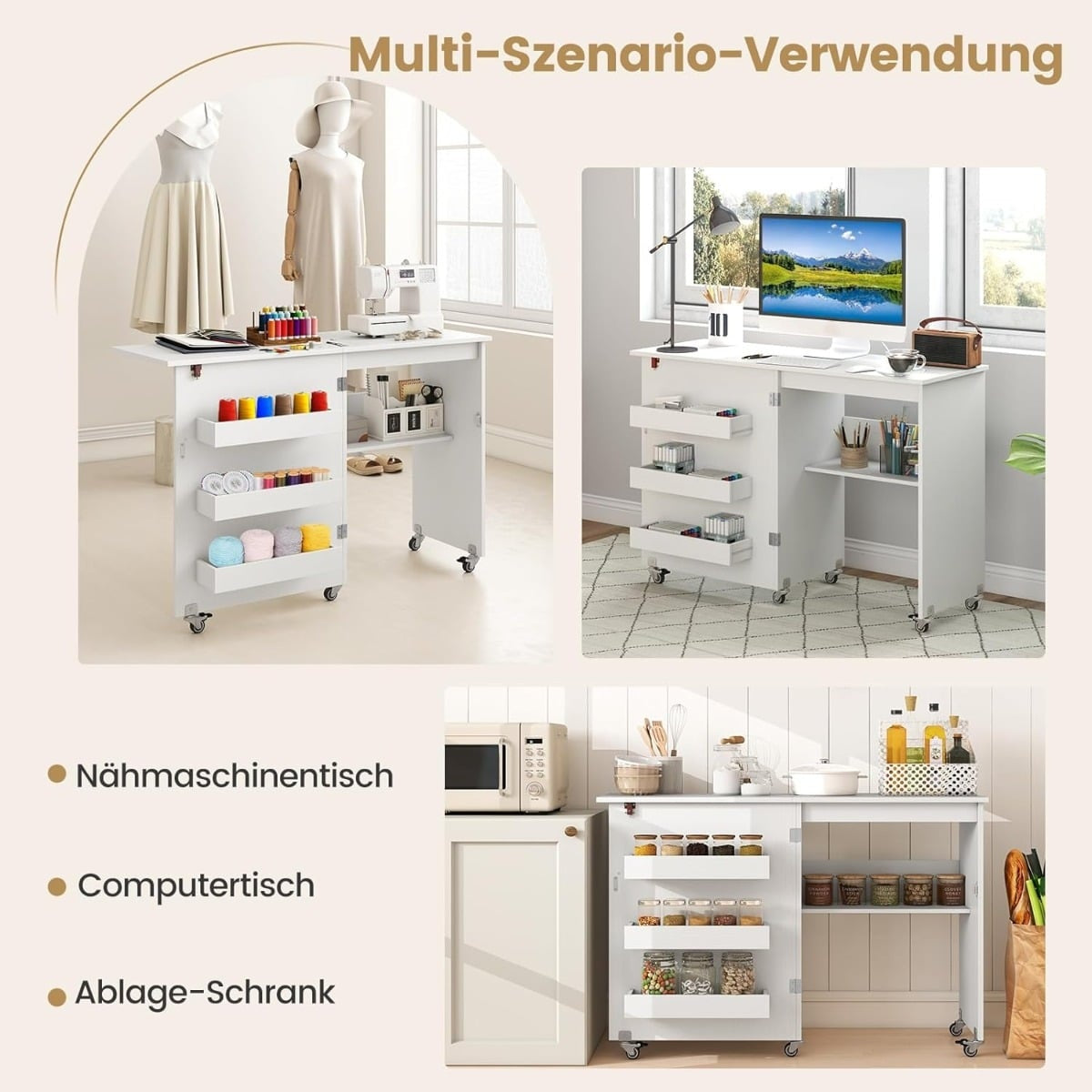 Foldable Sewing Table with Storage, 3 Hidden Compartments