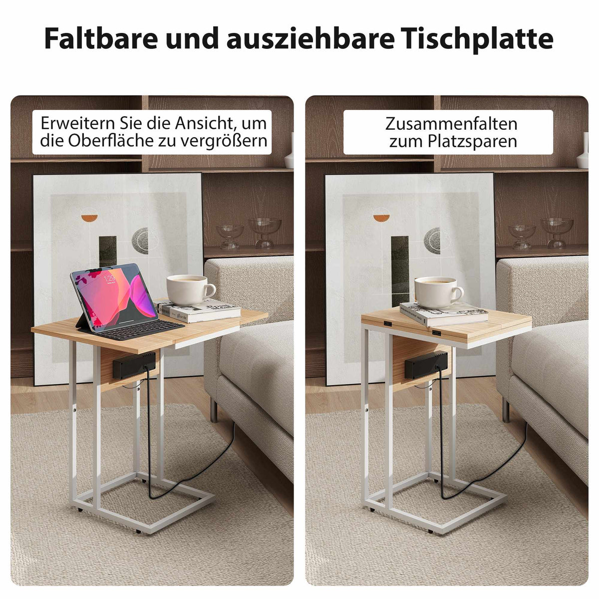 Foldable Side Table with USB Charging Ports, Metal, 39x29x57 cm