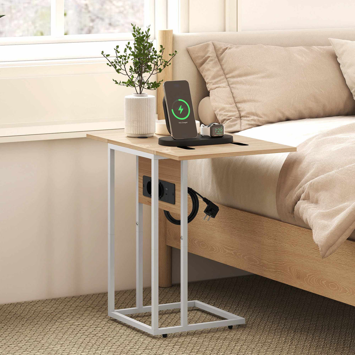 Foldable Side Table with USB Charging Ports, Metal, 39x29x57 cm