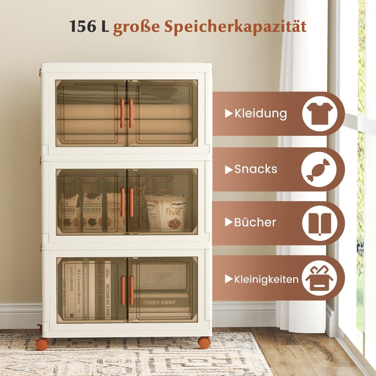 Foldable Storage Box with Lid, Wheels, 156L Capacity