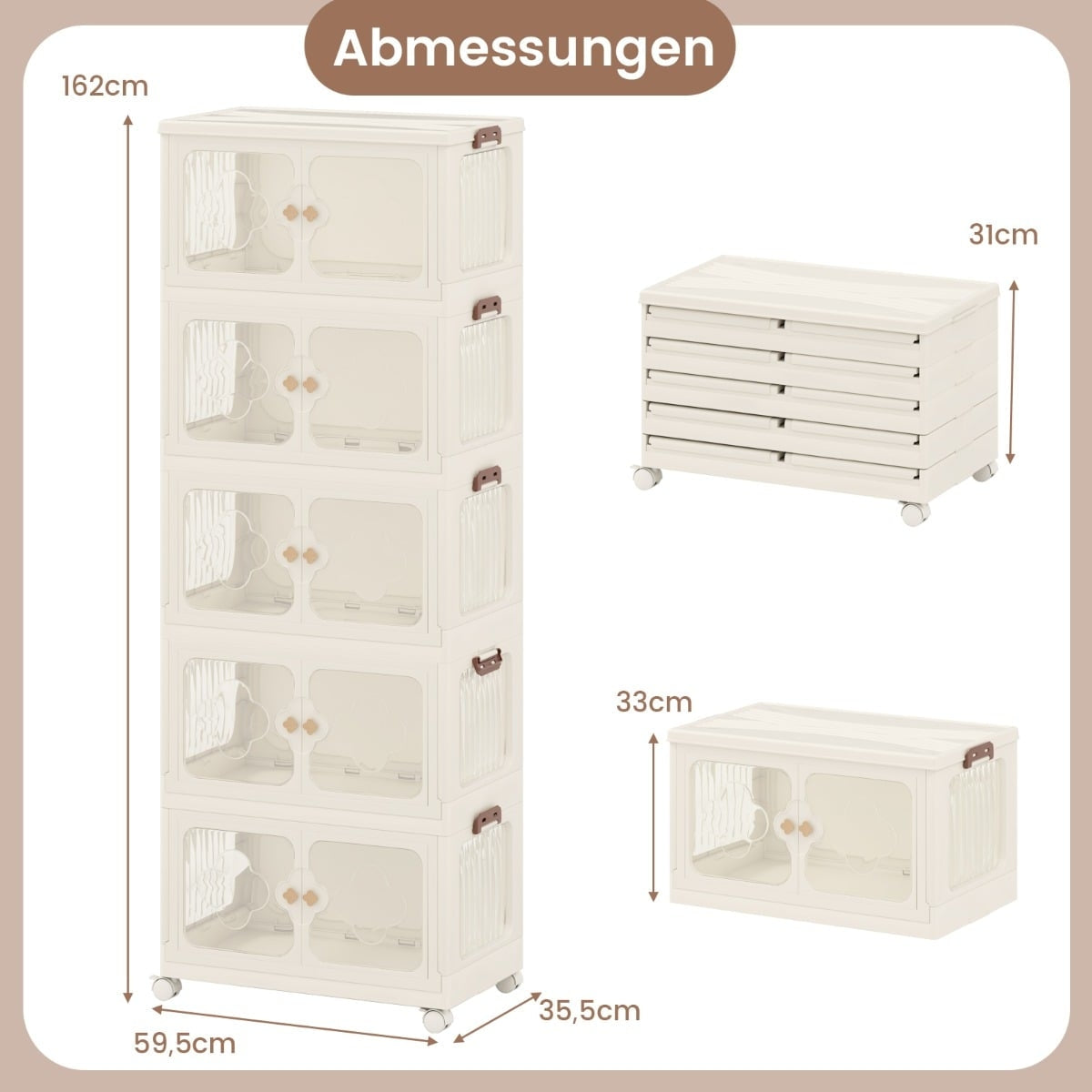 Foldable Storage Box with Lid, Wheels, 265L Capacity