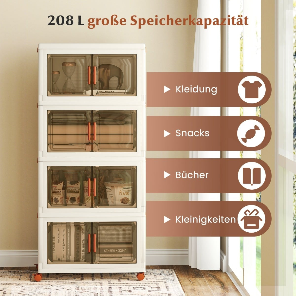 Foldable Storage Box with Lid, Wheels, Clear Doors, 208L