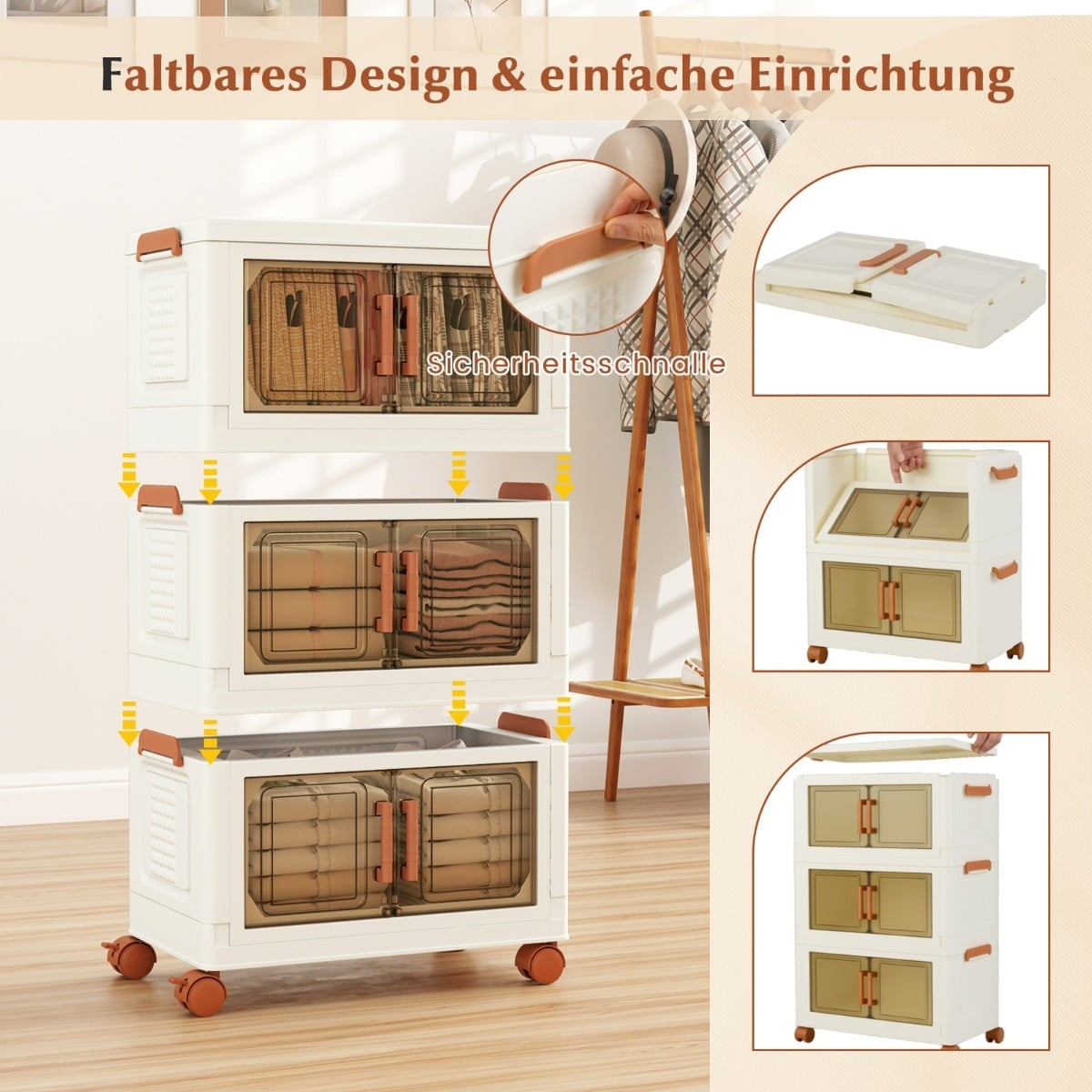 Foldable Storage Box with Lid, Wheels, Clear Doors, 210L