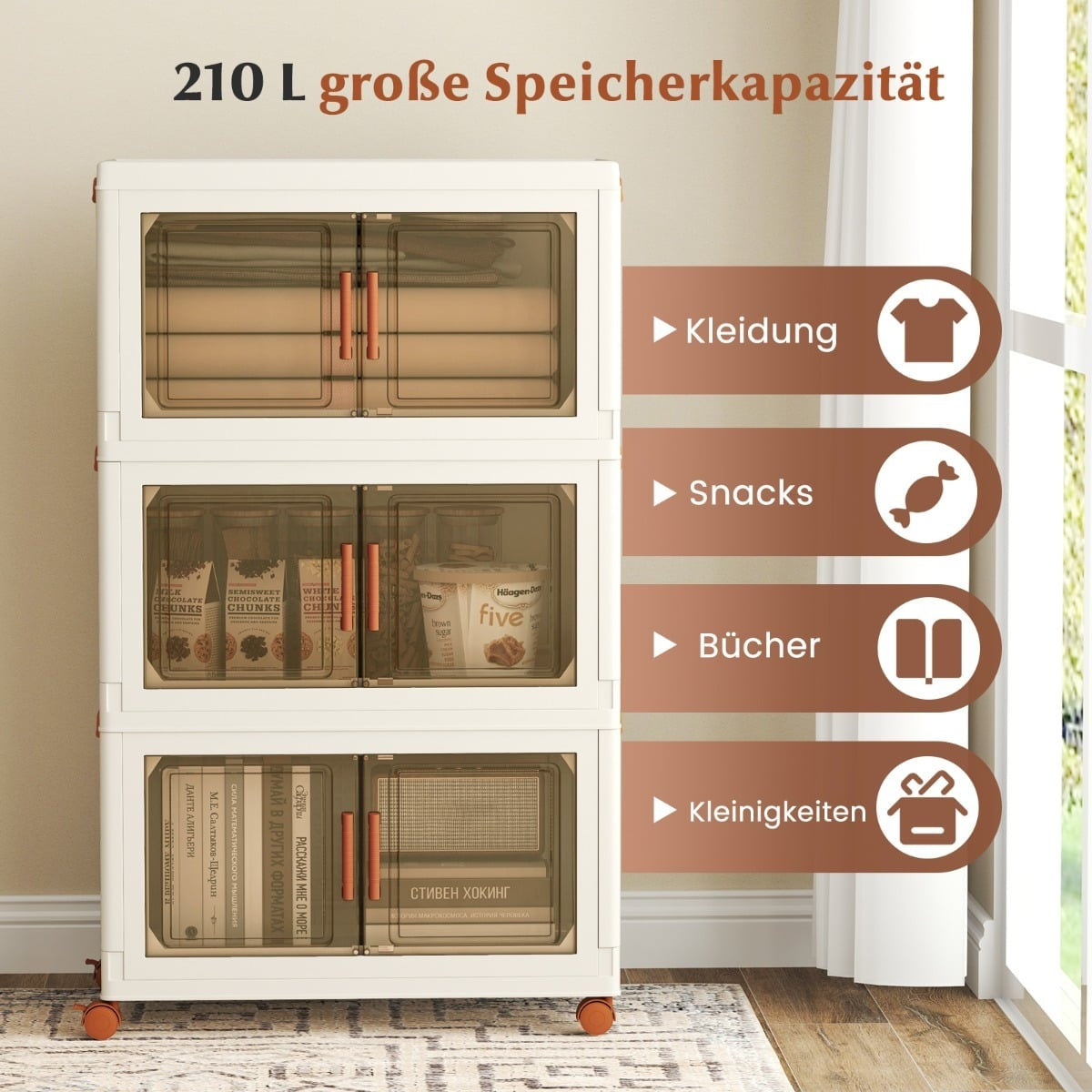 Foldable Storage Box with Lid, Wheels, Clear Doors, 210L