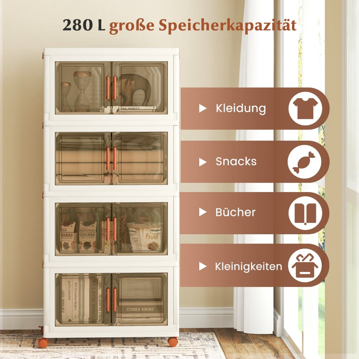 Foldable Storage Box with Wheels, Magnetic Doors, 280L Capacity