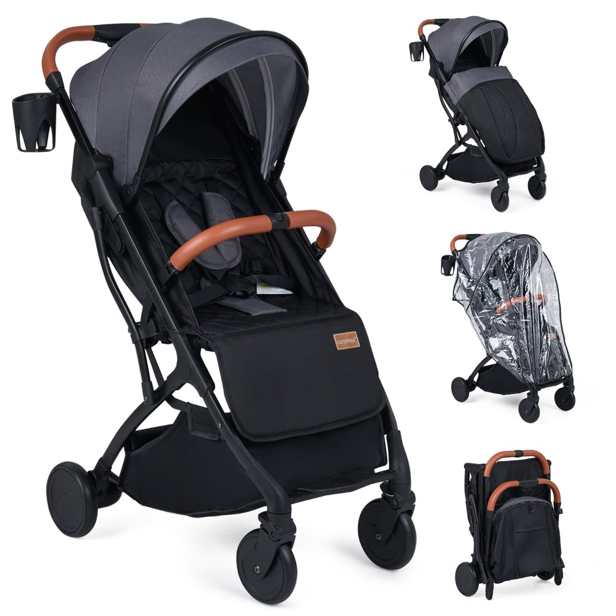 Foldable Stroller with Rain Cover, Adjustable Recline & Footrest, Grey