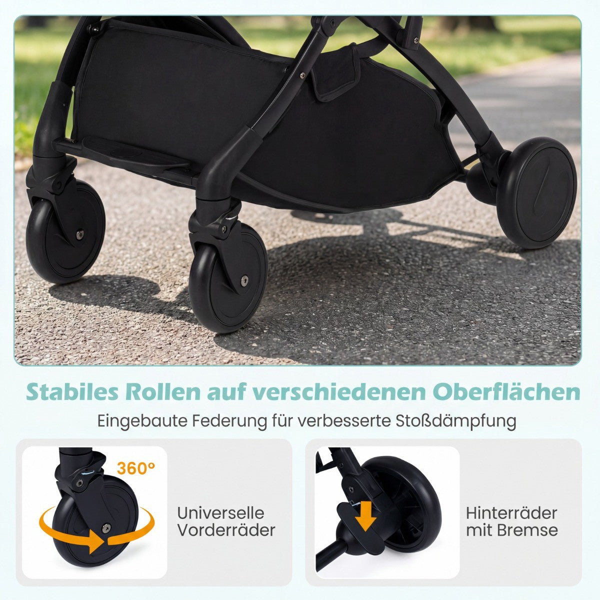 Foldable Stroller with Rain Cover, Adjustable Recline & Footrest, Grey