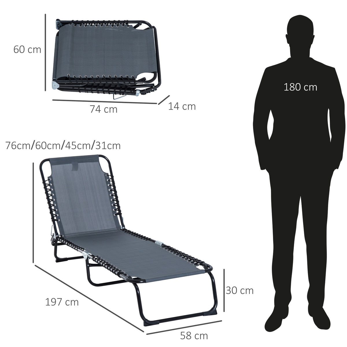 Foldable Sun Lounger Garden Lounger Folding Lounger With 4-Level Adjustable Backrest, Steel Mesh Fabric, Dark Gray, 197X58X76Cm