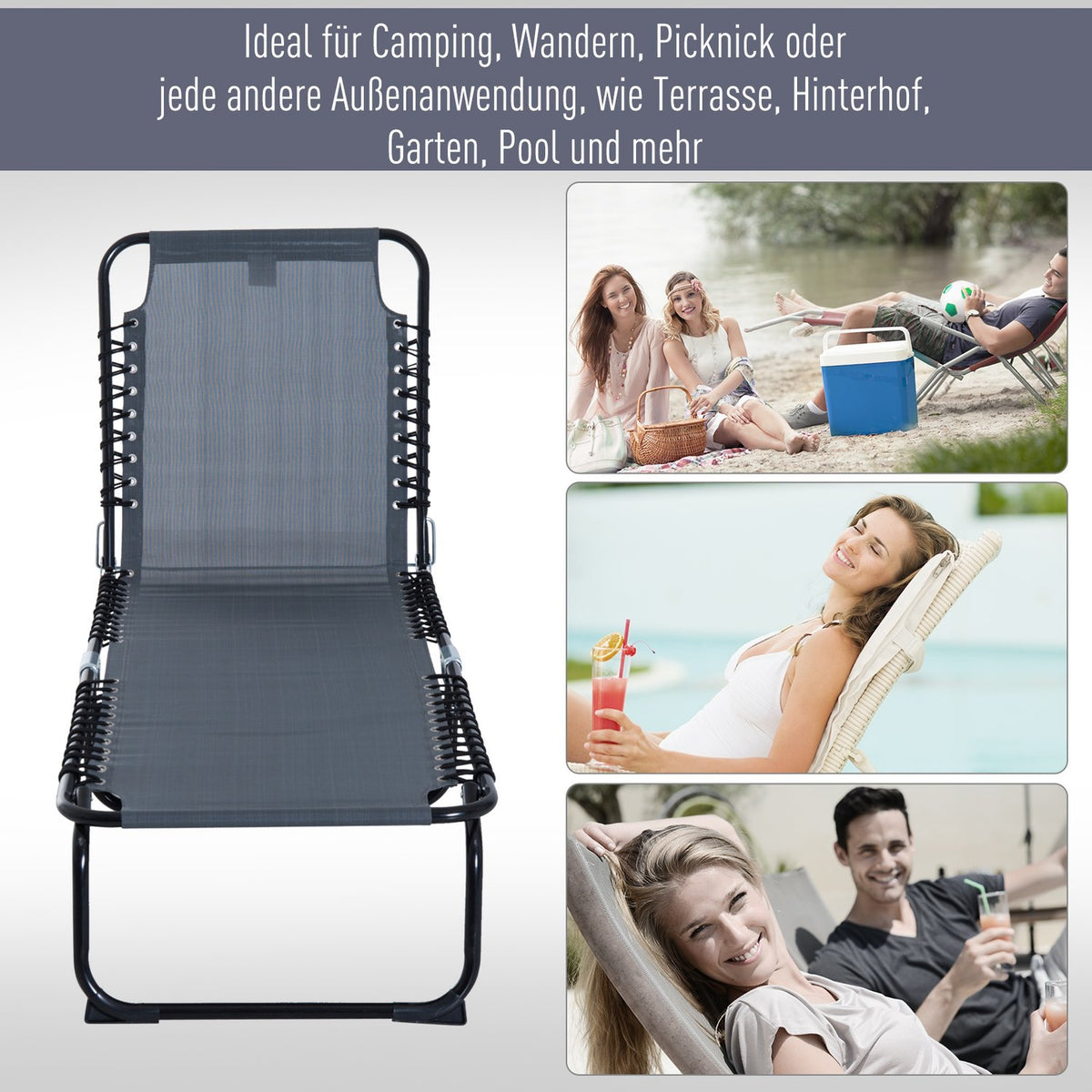 Foldable Sun Lounger Garden Lounger Folding Lounger With 4-Level Adjustable Backrest, Steel Mesh Fabric, Dark Gray, 197X58X76Cm