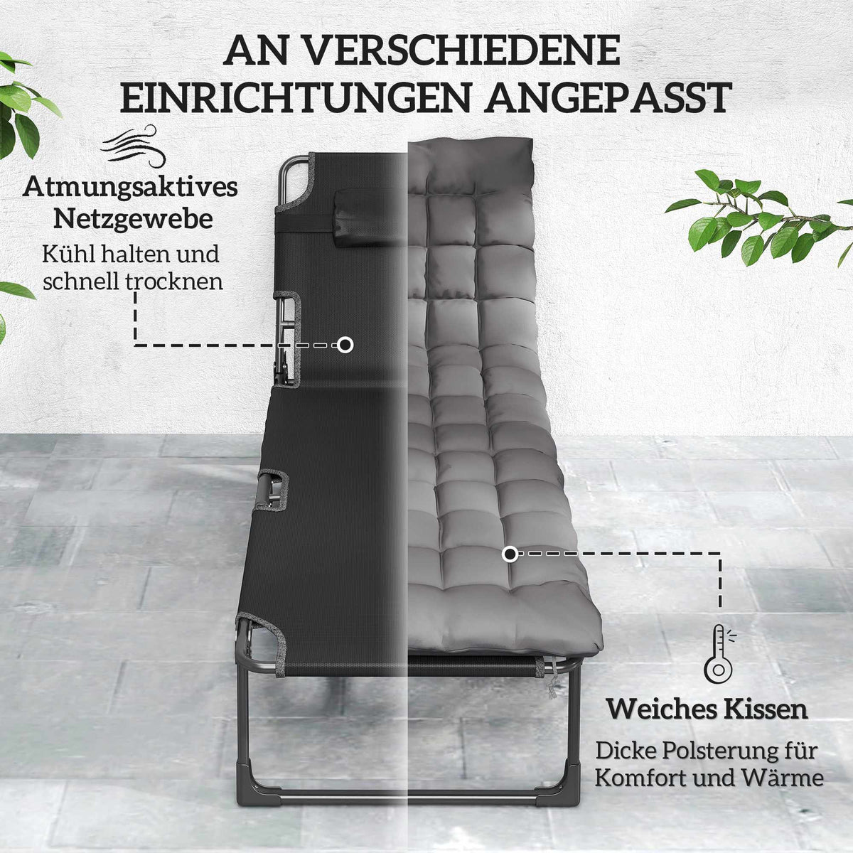 Foldable Sun Lounger with Adjustable Backrest and Cushion