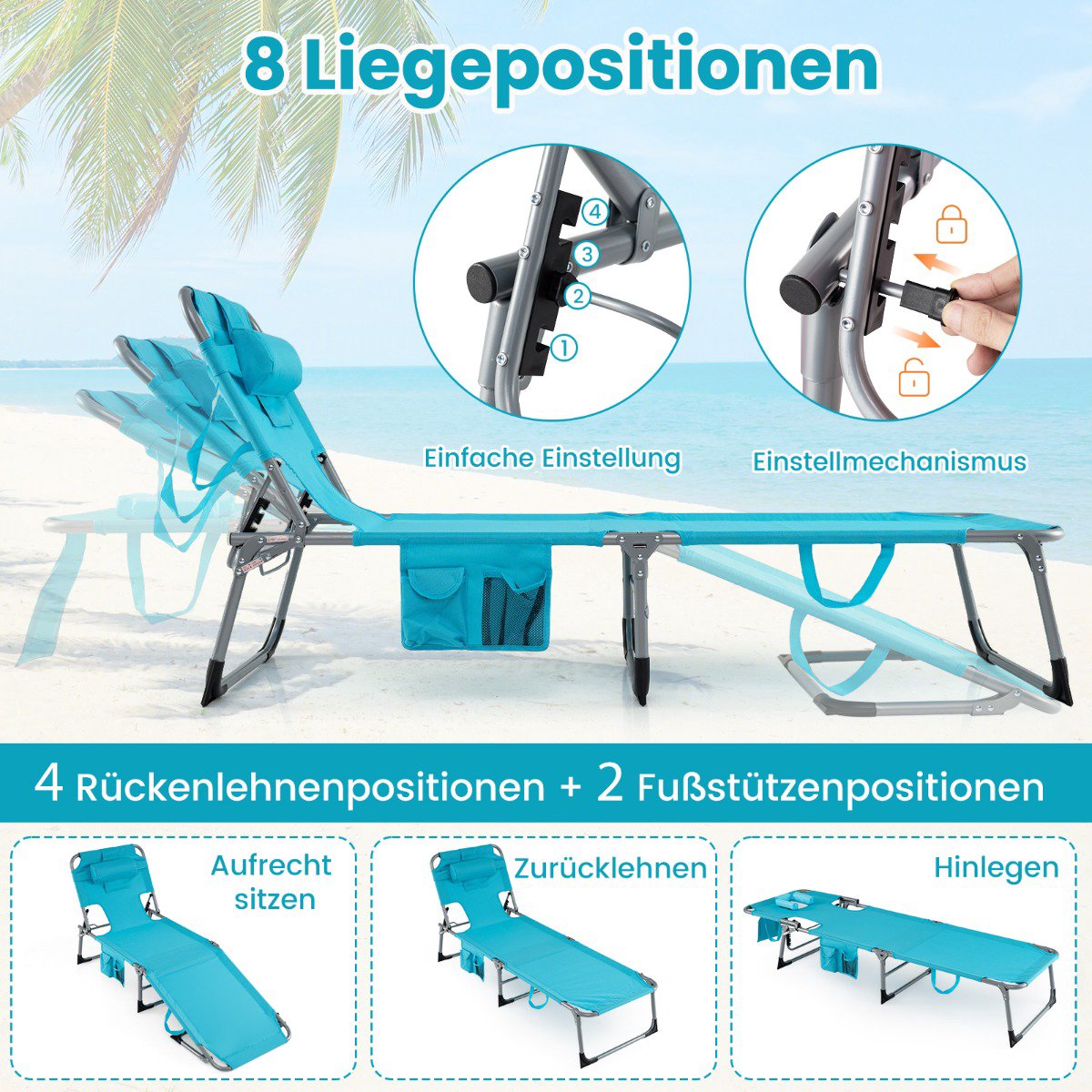 Foldable Sun Lounger with Face & Arm Holes, Adjustable Backrest, Turquoise