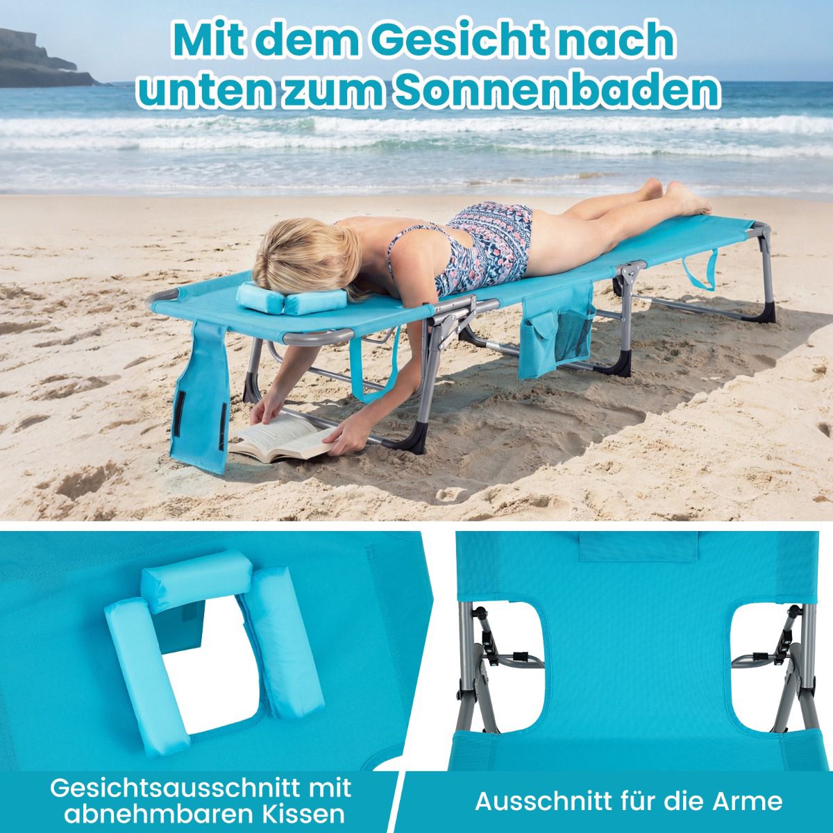 Foldable Sun Lounger with Face & Arm Holes, Adjustable Backrest, Turquoise