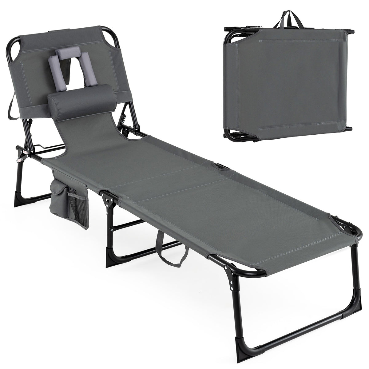 Foldable Sun Lounger with Head & Arm Holes, Adjustable Backrest, Grey