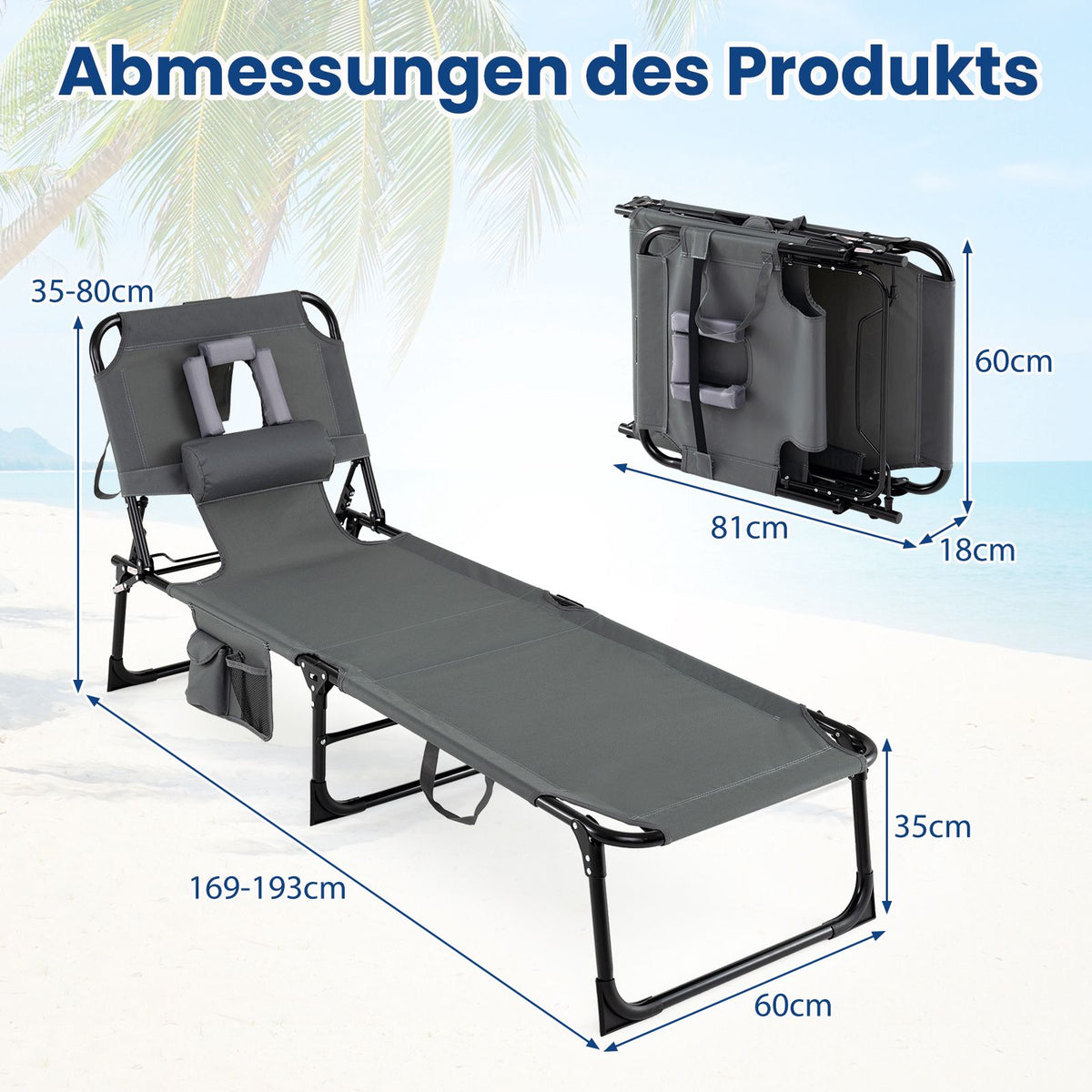 Foldable Sun Lounger with Head & Arm Holes, Adjustable Backrest, Grey