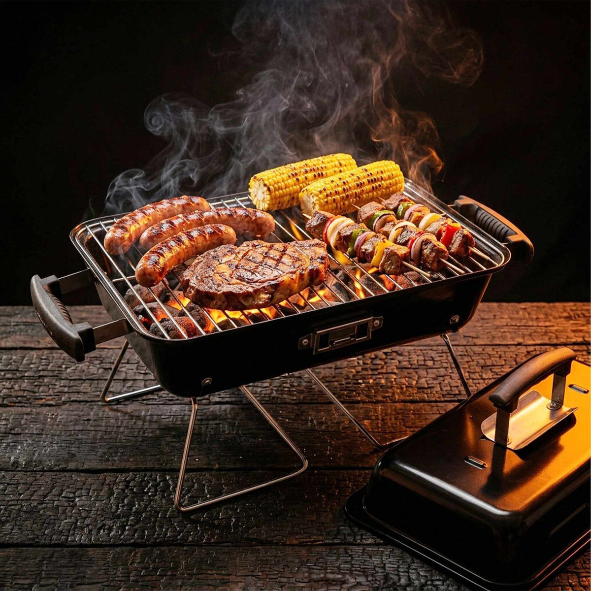 Foldable Tabletop Grill with Lid – Black, 36x56x30.5 cm
