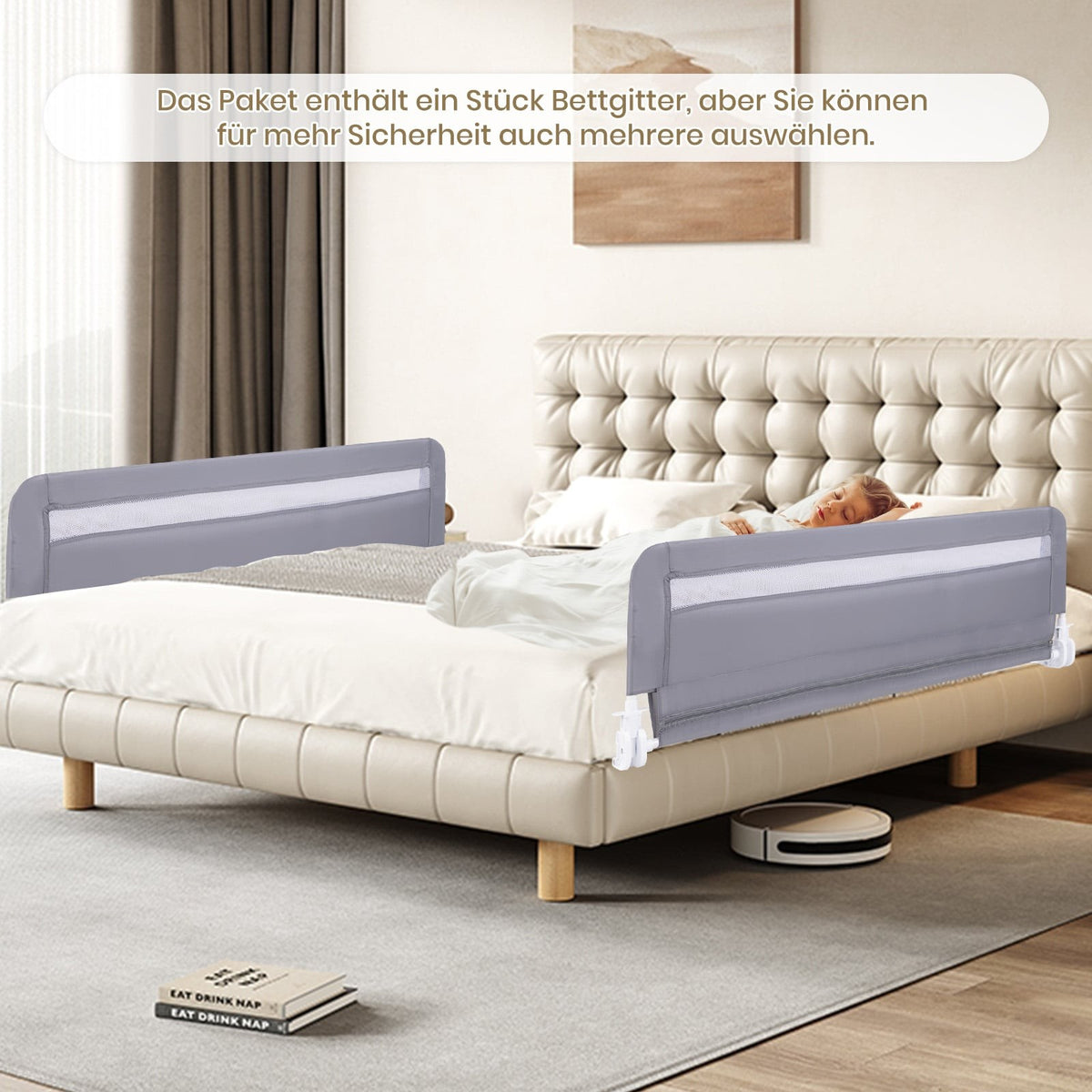 Foldable Toddler Bed Rail, 120 cm, Gray, Washable Cover