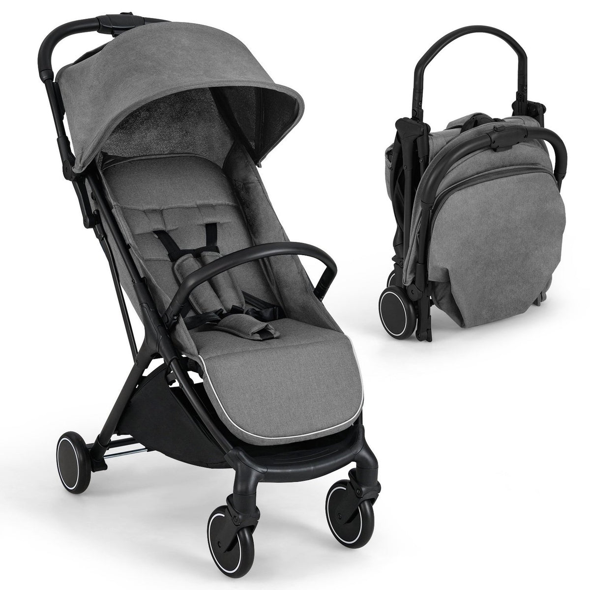 Foldable Travel Stroller with Recline, Adjustable Backrest, Grey