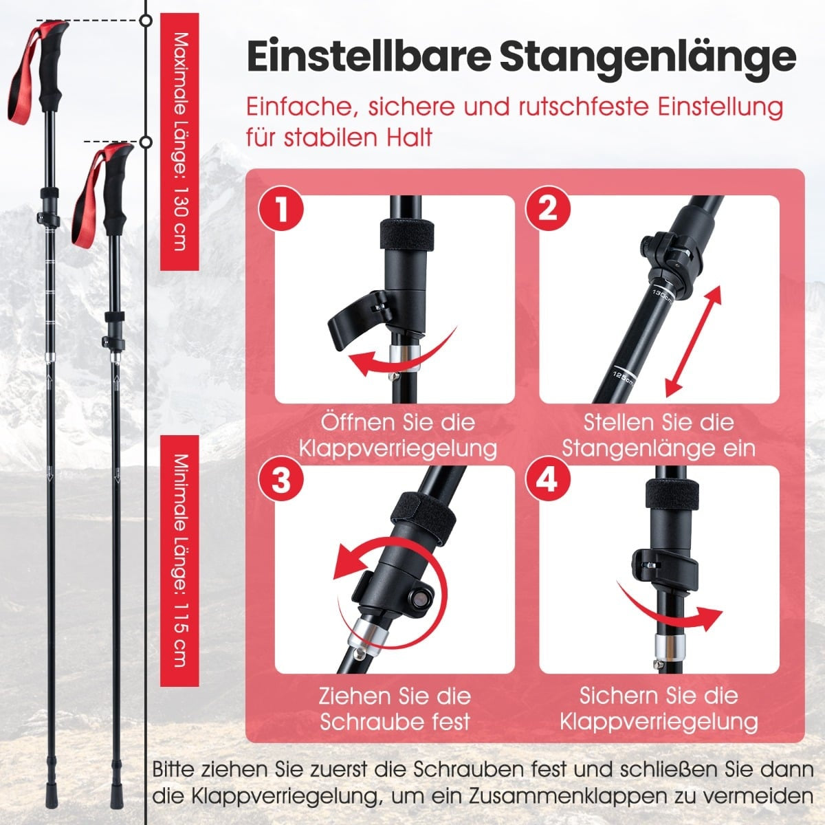 Foldable Trekking Poles, Quick Lock, 115-130 cm, Red