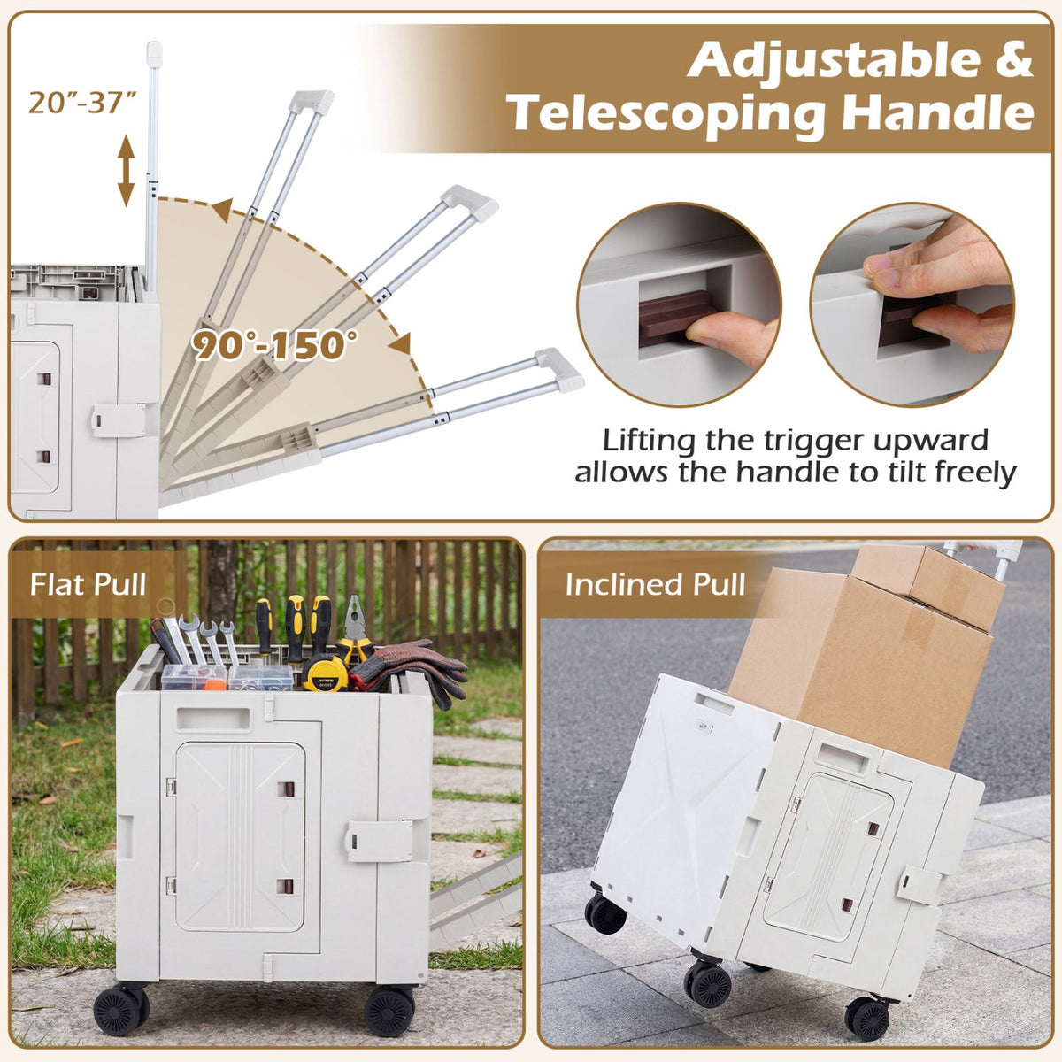 Foldable Utility Cart with Cup Holder, Adjustable Handle