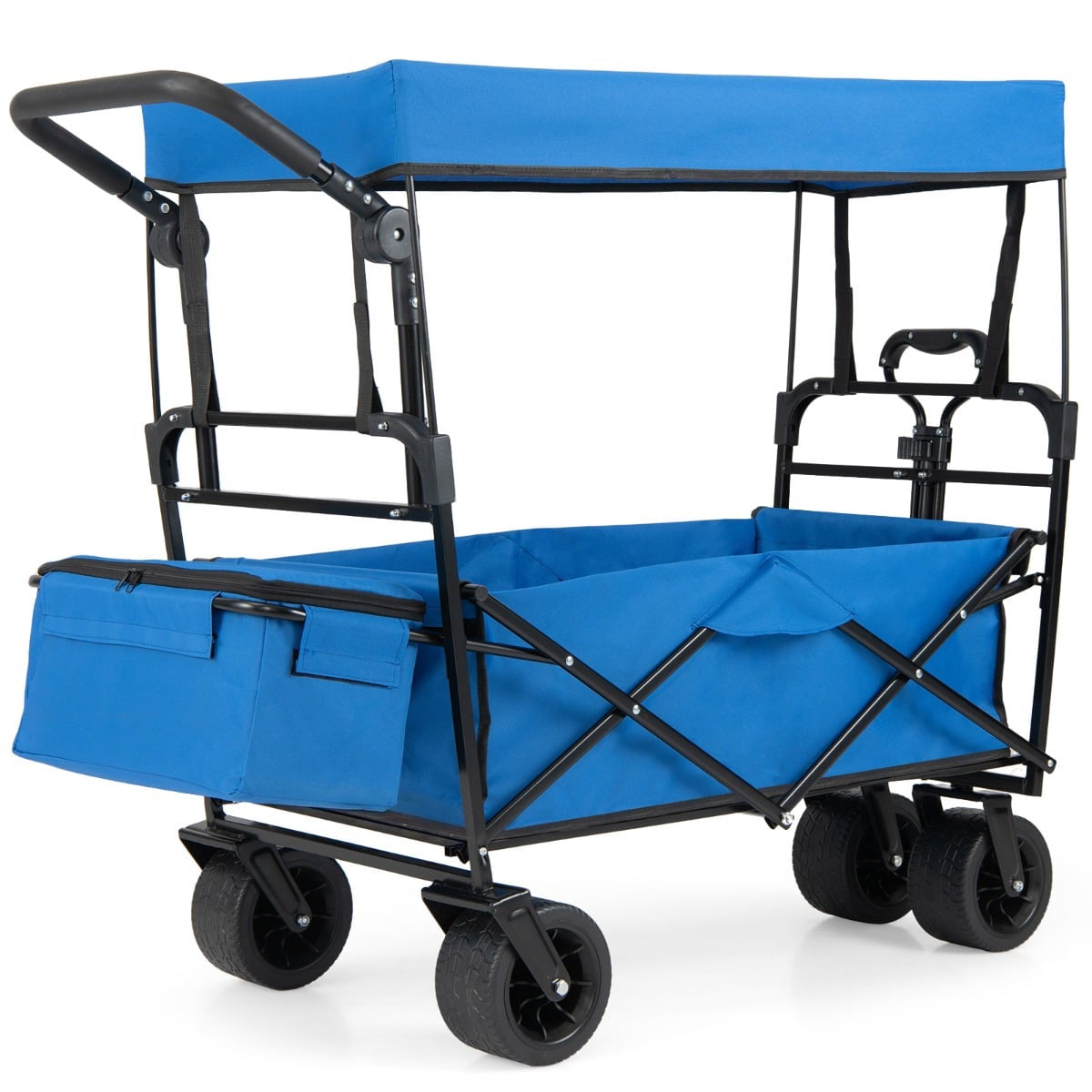 Foldable Wagon with Removable Canopy, Adjustable Handles, Blue