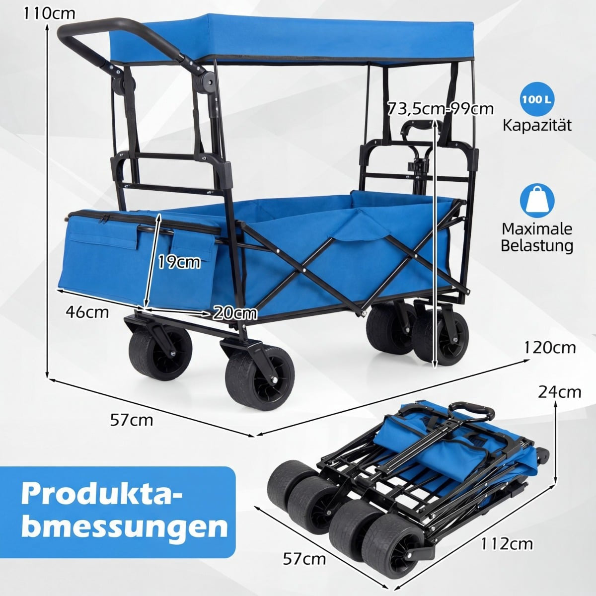 Foldable Wagon with Removable Canopy, Adjustable Handles, Blue