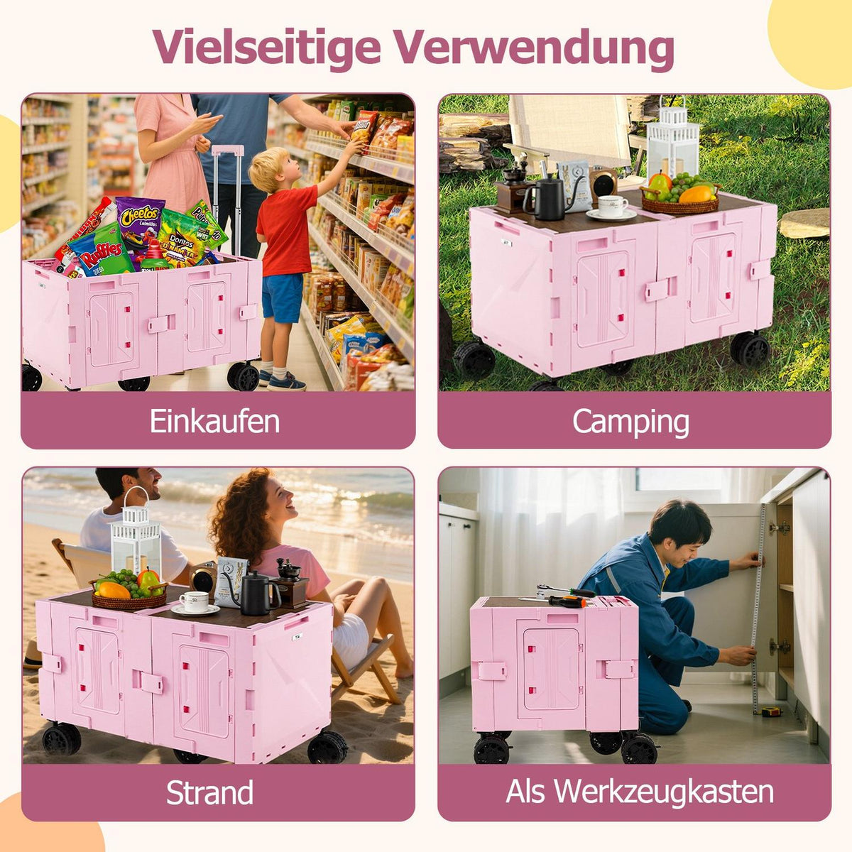 Foldable Wagon with Tabletop, Adjustable Handle, Pink