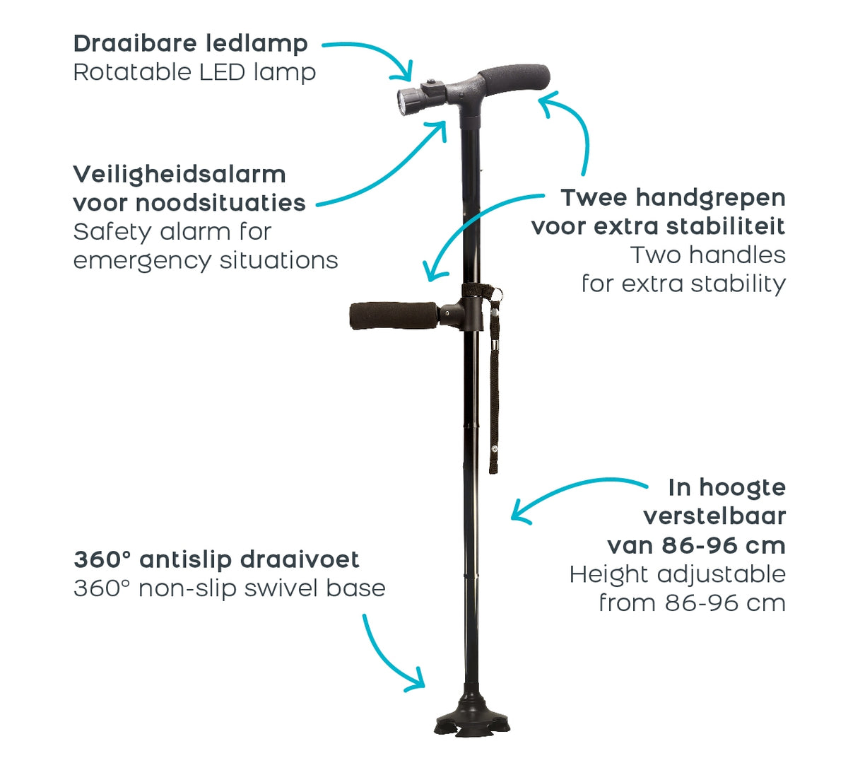 Foldable Walking Stick with LED Light and Tripod Base