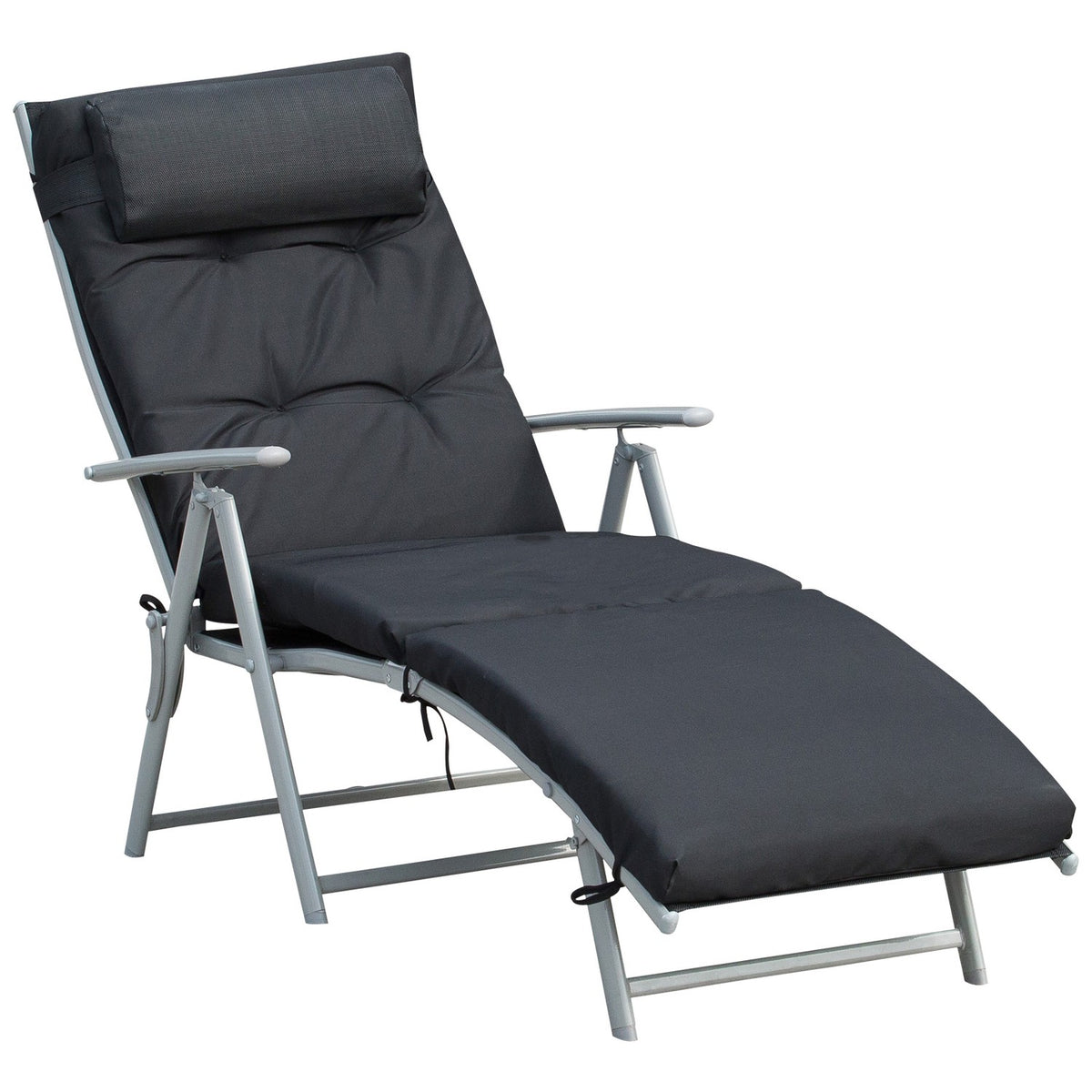 Foldable beach lounger, 7 levels adjustable, weatherproof, with cushion, textline, polyester, metal, 137 x 63.5 x 100.5 cm, blackAoso