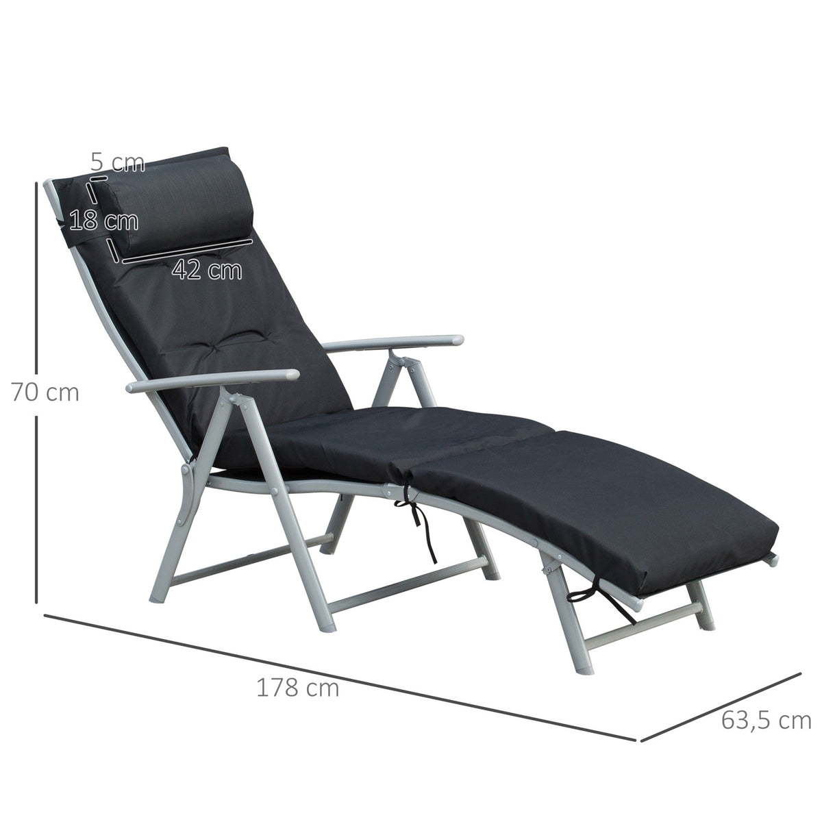 Foldable beach lounger, 7 levels adjustable, weatherproof, with cushion, textline, polyester, metal, 137 x 63.5 x 100.5 cm, blackAoso