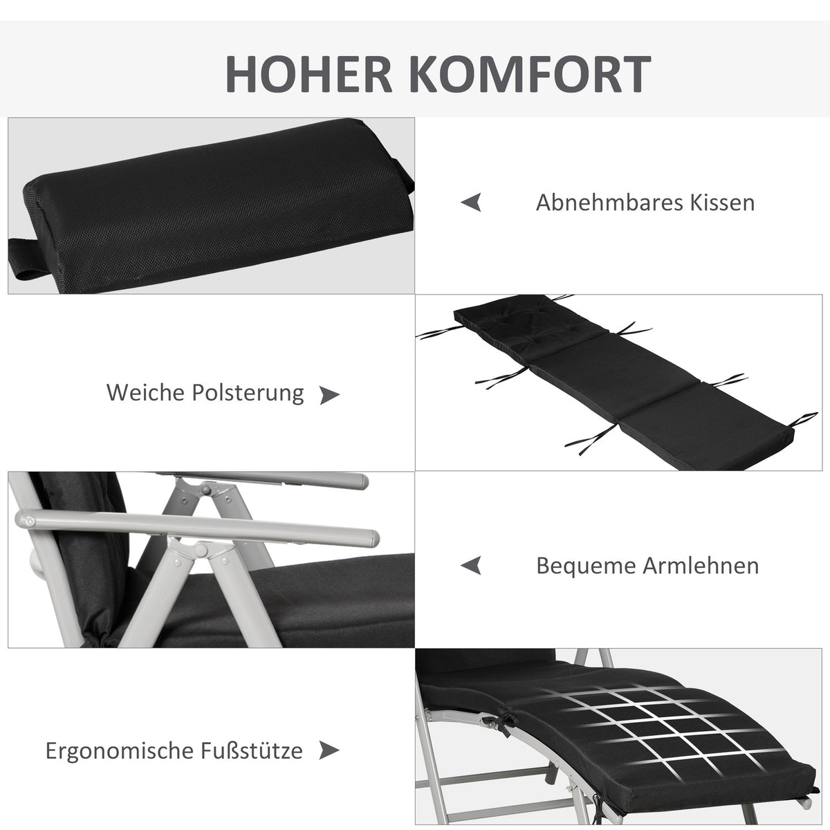 Foldable beach lounger, 7 levels adjustable, weatherproof, with cushion, textline, polyester, metal, 137 x 63.5 x 100.5 cm, blackAoso