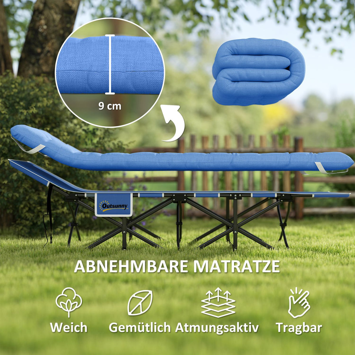 Foldable camp bed, camping bed with mattress, pillow, side pocket, 190 x 65 x 37 cm, camping lounger for adults, guest bed up to 150 kg, folding bed for outdoor, garden, camping, travel, dark blue
