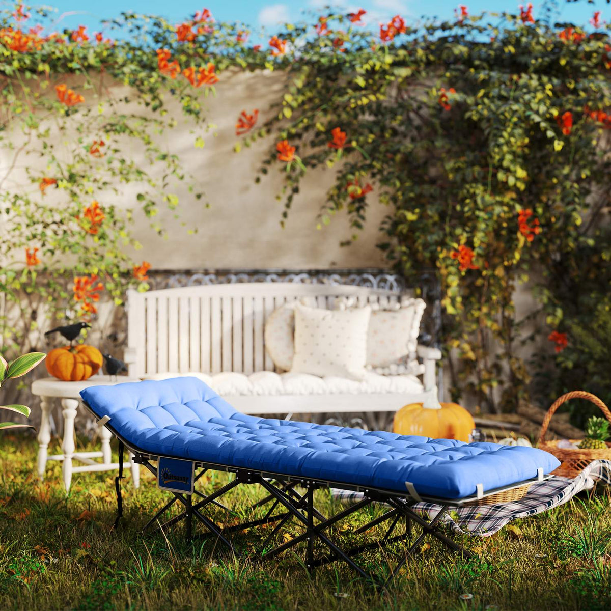 Foldable camp bed, camping bed with mattress, pillow, side pocket, 190 x 65 x 37 cm, camping lounger for adults, guest bed up to 150 kg, folding bed for outdoor, garden, camping, travel, dark blue