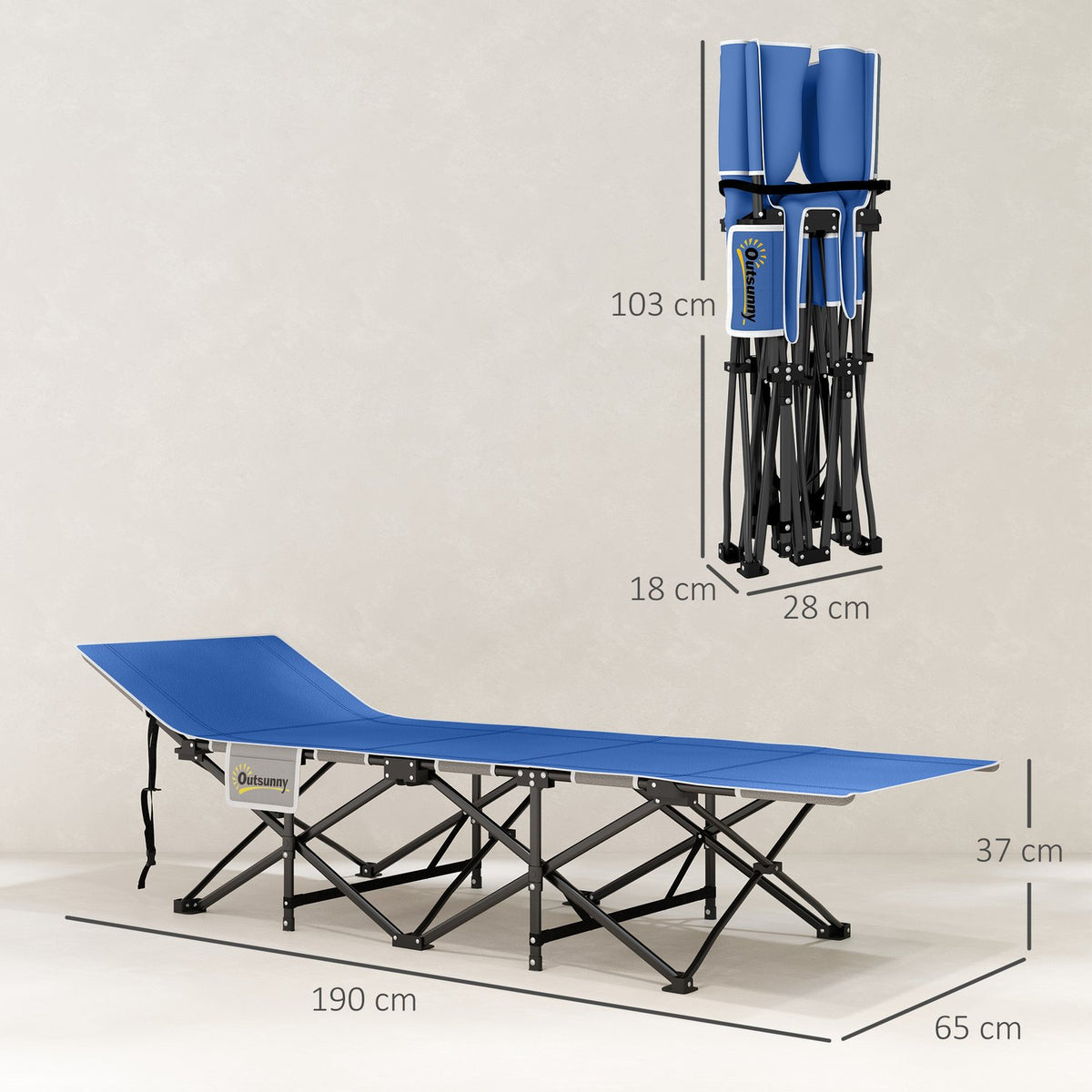 Foldable camp bed, camping bed with mattress, pillow, side pocket, 190 x 65 x 37 cm, camping lounger for adults, guest bed up to 150 kg, folding bed for outdoor, garden, camping, travel, dark blue