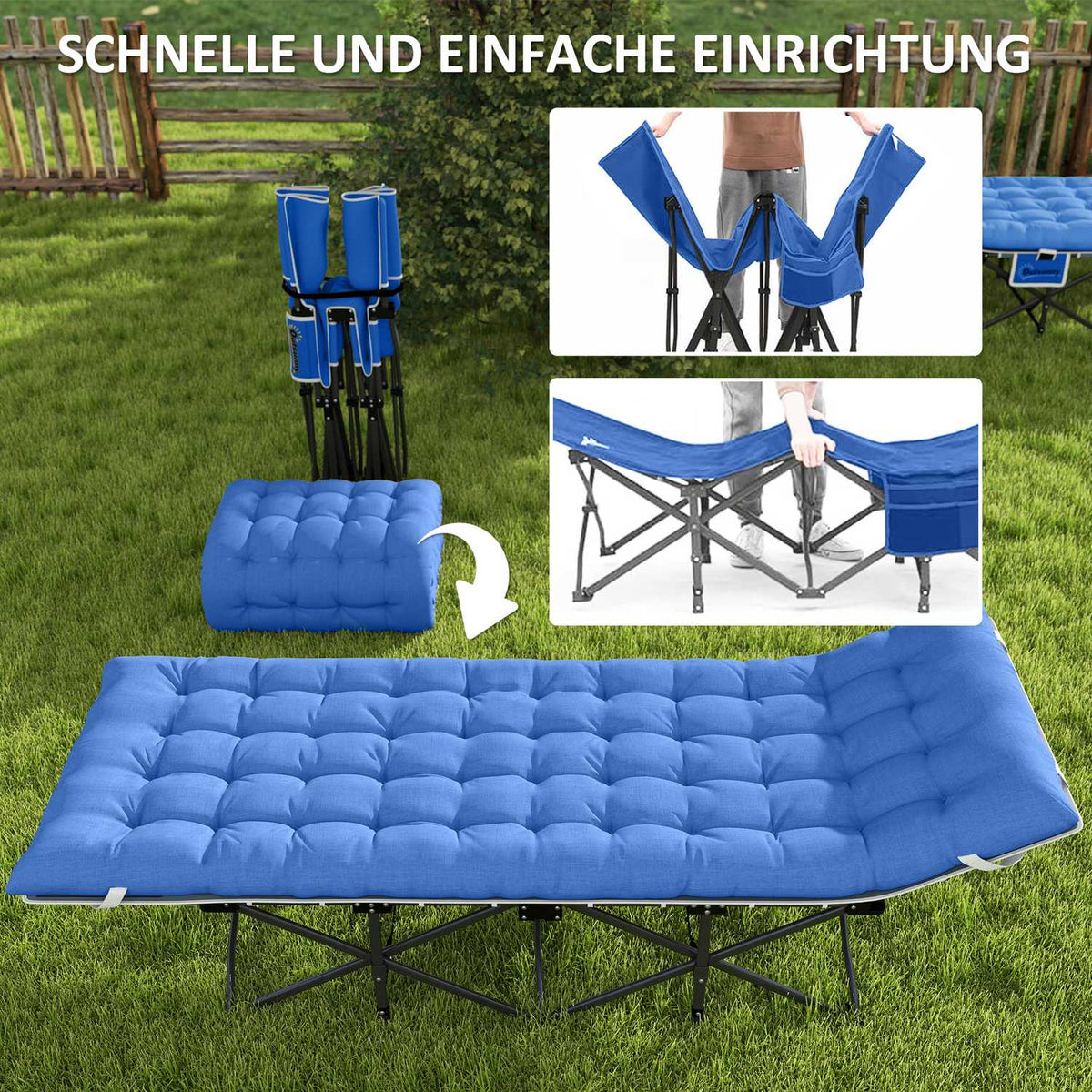 Foldable camp bed, camping bed with mattress, pillow, side pocket, 190 x 65 x 37 cm, camping lounger for adults, guest bed up to 150 kg, folding bed for outdoor, garden, camping, travel, dark blue