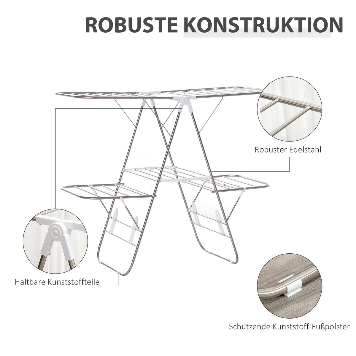 Foldable clothes airer 3 levels wing dryer stainless steel plastic silver/white 138x60.5x112cm