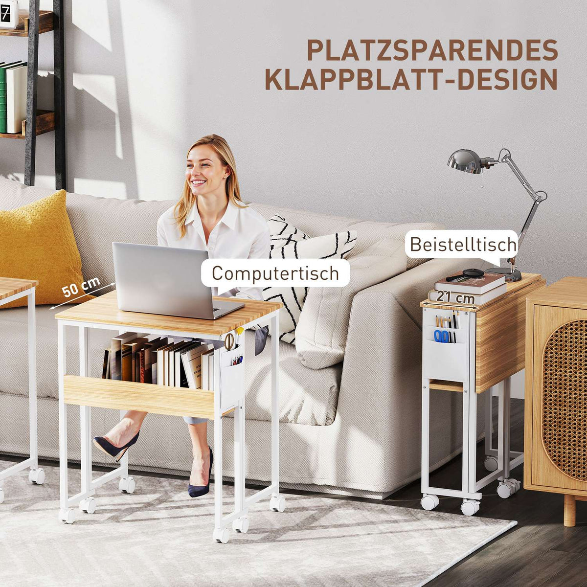 Foldable desk, convertible to side table, open shelf, natural