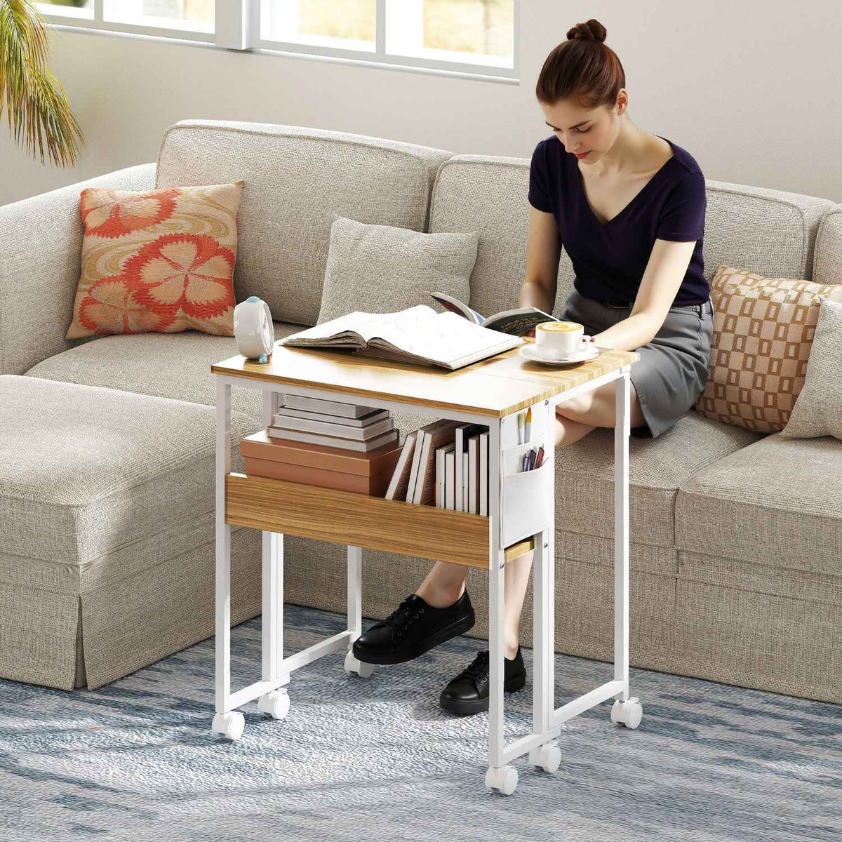 Foldable desk, convertible to side table, open shelf, natural