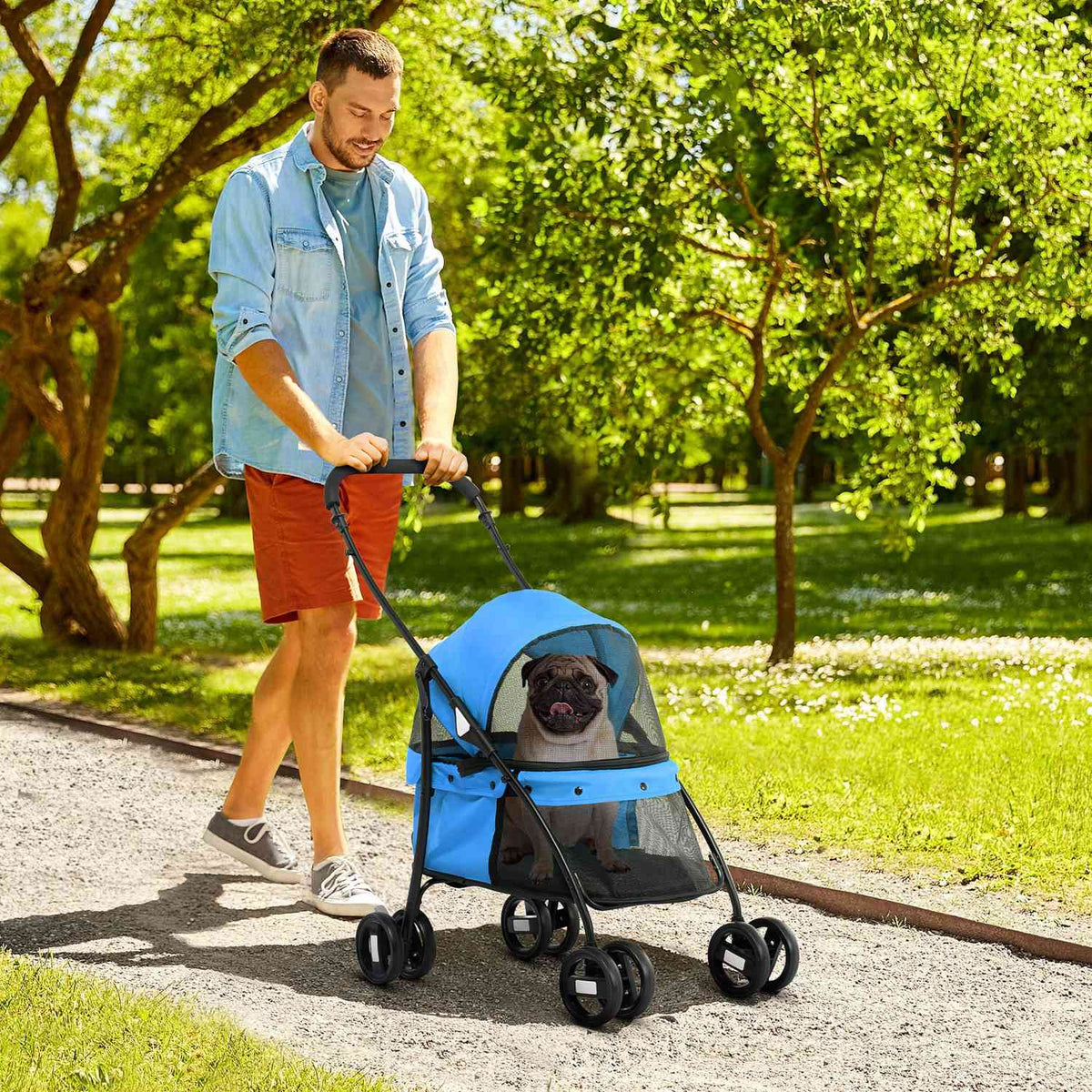 Foldable dog buggy with mesh window for small dogs and cats, 2 safety lines, Oxford material in blue
