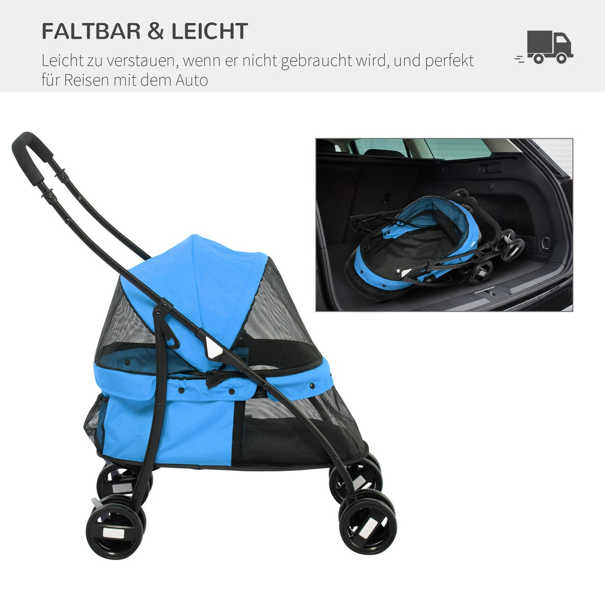 Foldable dog buggy with mesh window for small dogs and cats, 2 safety lines, Oxford material in blue