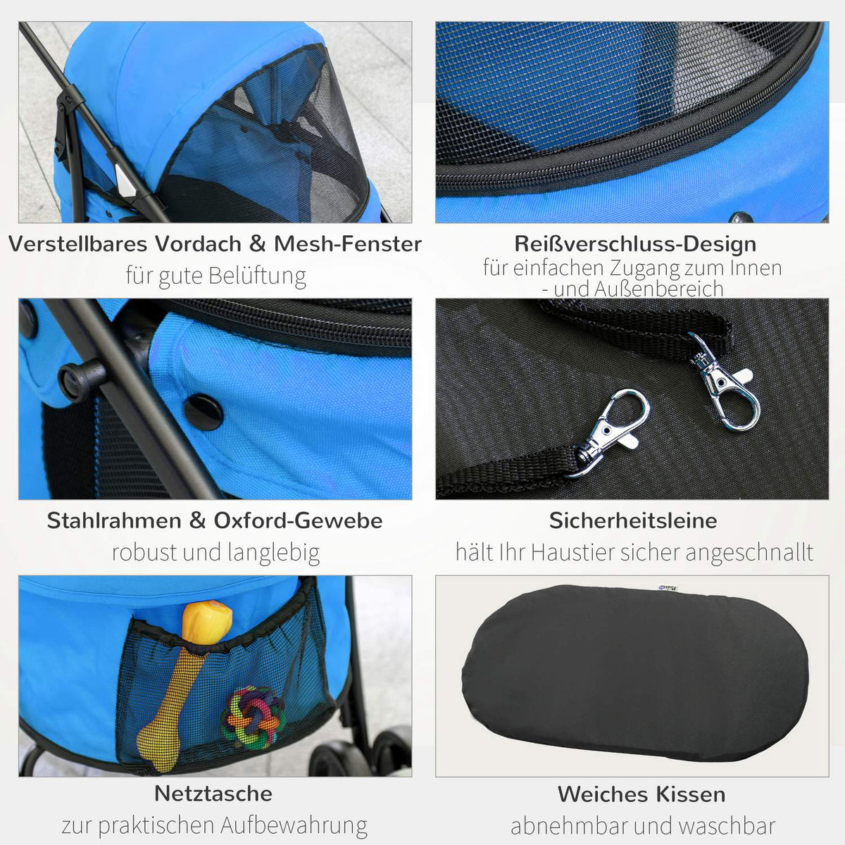Foldable dog buggy with mesh window for small dogs and cats, 2 safety lines, Oxford material in blue