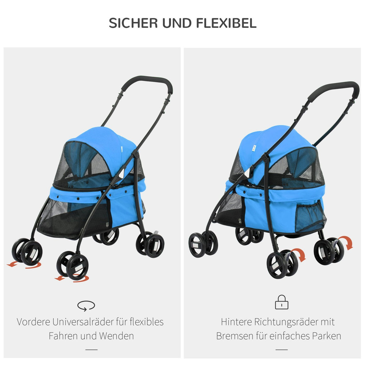 Foldable dog buggy with mesh window for small dogs and cats, 2 safety lines, Oxford material in blue