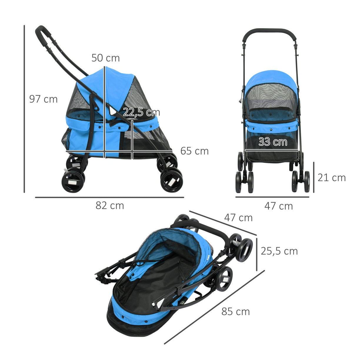 Foldable dog buggy with mesh window for small dogs and cats, 2 safety lines, Oxford material in blue