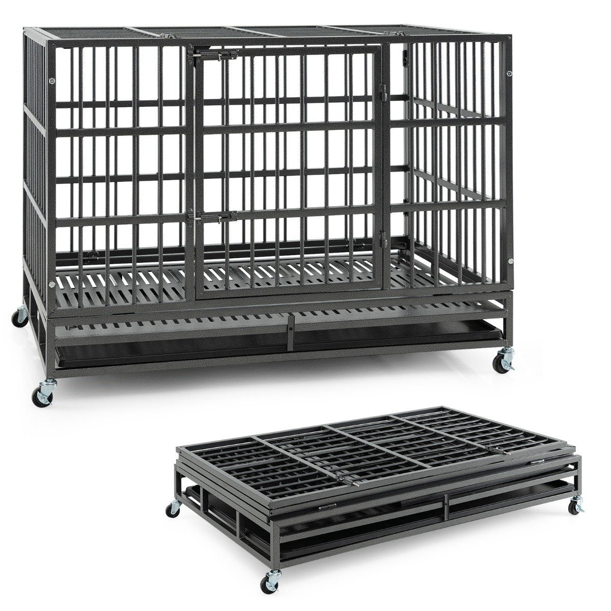 Foldable dog cage with 2 doors &amp; Roles &amp; extendable tray transport cage transport box 120 x 76 x 90 cm