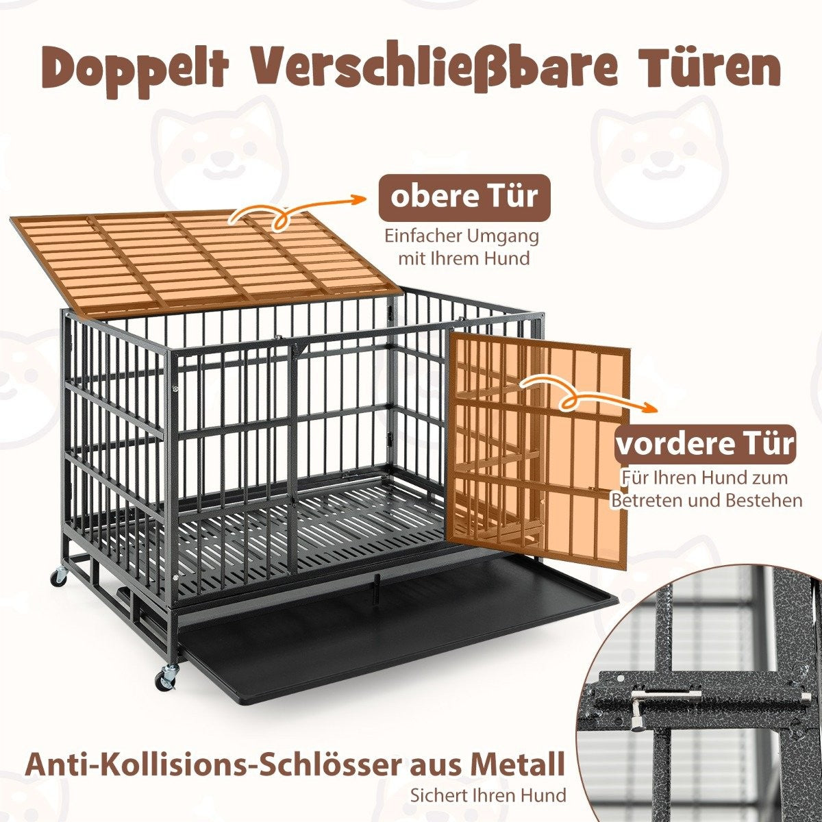 Foldable dog cage with 2 doors &amp; Roles &amp; extendable tray transport cage transport box 120 x 76 x 90 cm