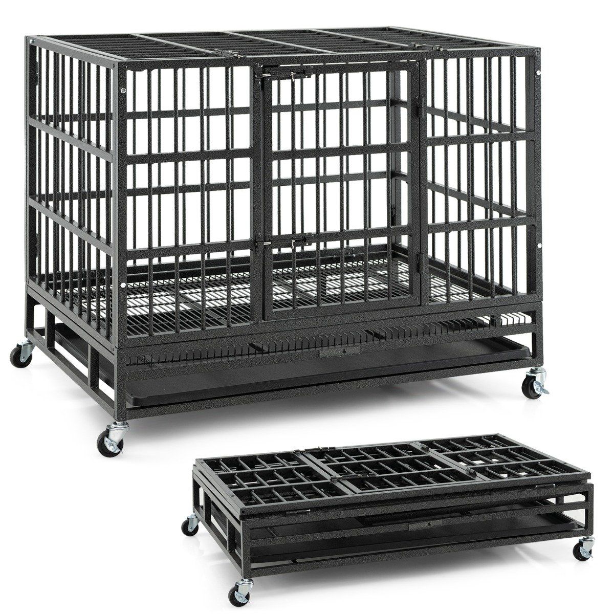 Foldable dog cage with 2 doors &amp; Roles &amp; extendable tray transport cage transport box 96 x 65 x 77 cm