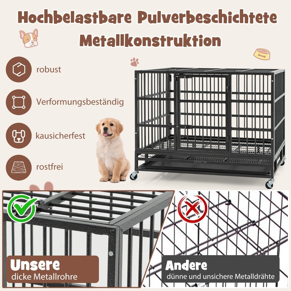 Foldable dog cage with 2 doors &amp; Roles &amp; extendable tray transport cage transport box 96 x 65 x 77 cm
