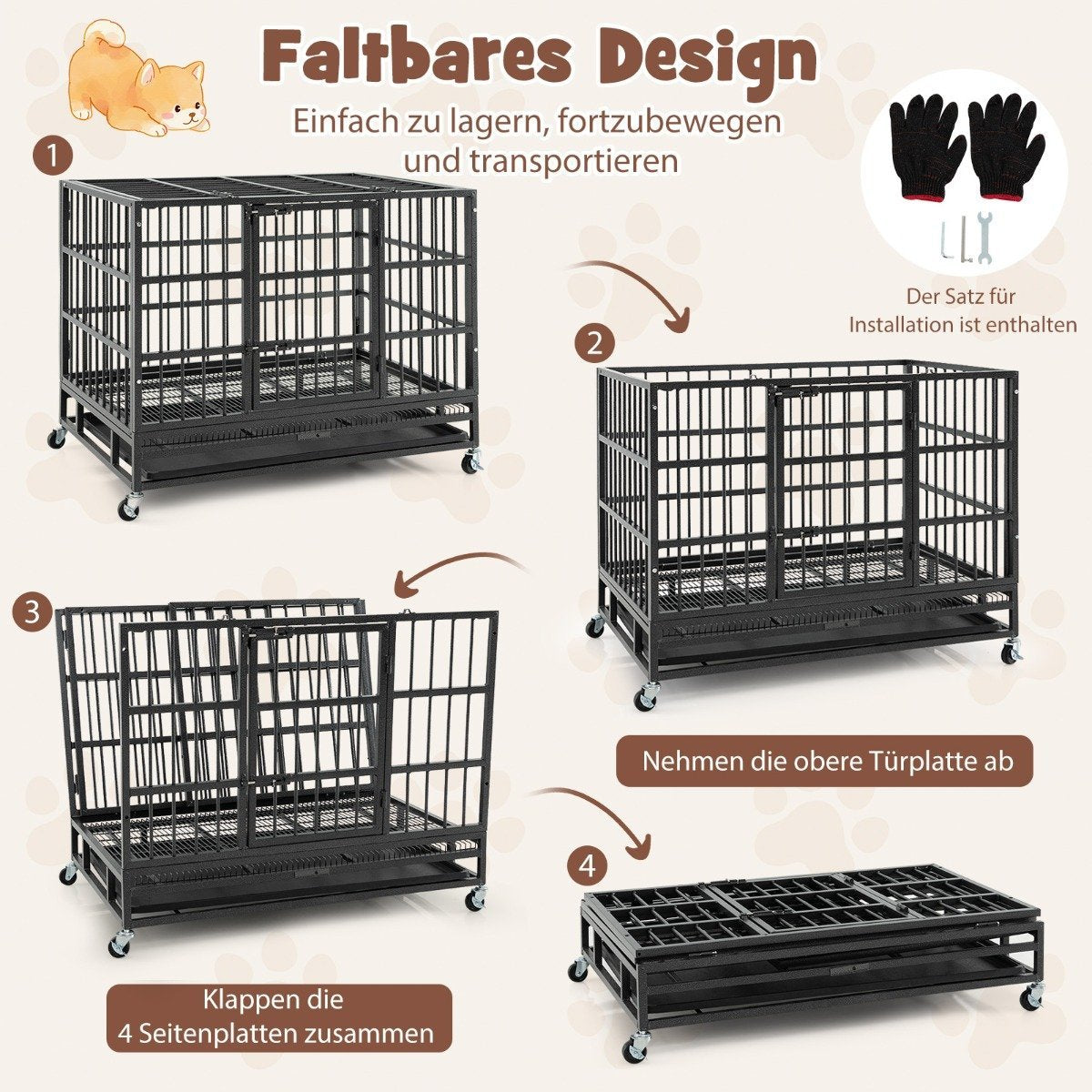 Foldable dog cage with 2 doors &amp; Roles &amp; extendable tray transport cage transport box 96 x 65 x 77 cm