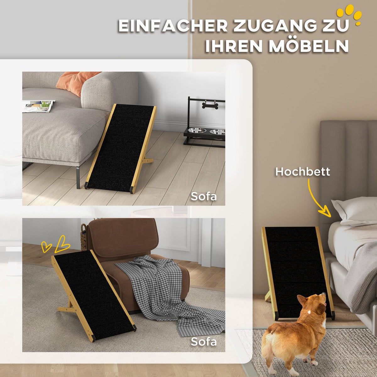 Foldable dog ramp, height-adjustable pet ramp, non-slip dog entry aid for small and medium-sized dogs up to 15 kg, 83.5 x 35 x 47.5 cm, natural