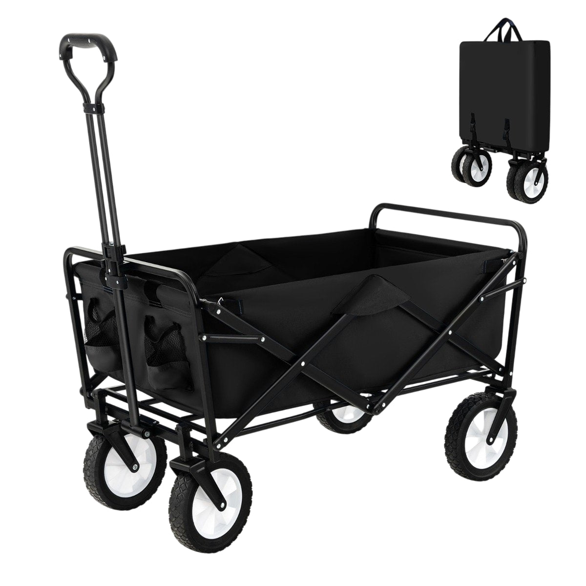 Foldable handcart with adjustable handle and cup holders can hold up to 68 kg for shopping, camping, black