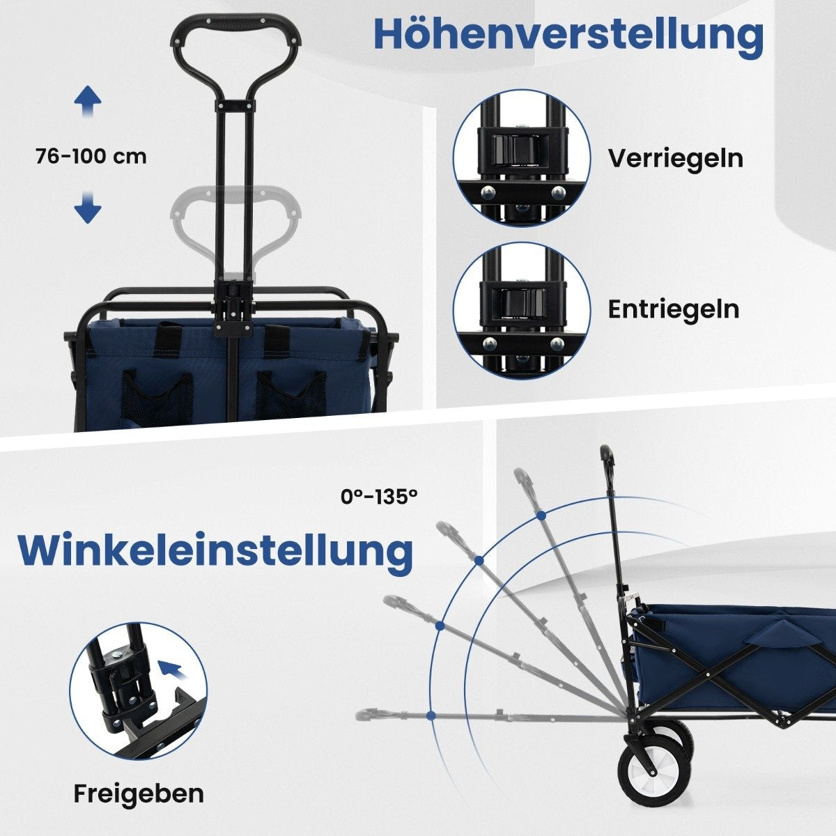 Foldable handcart with adjustable handle and cup holders can hold up to 68 kg for shopping, camping, navy blue